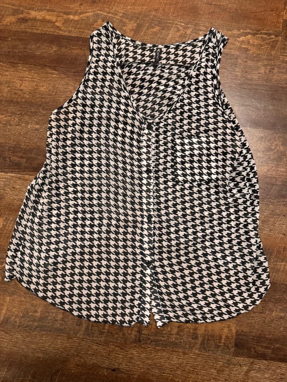 Aviva Houndstooth Sleeveless Blouse Womens XL Sheer Button Front Flowy Top